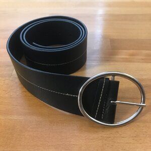 Garnet Hill Black Genuine Leather Belt with Silver Oval Buckle Size 40 Boho